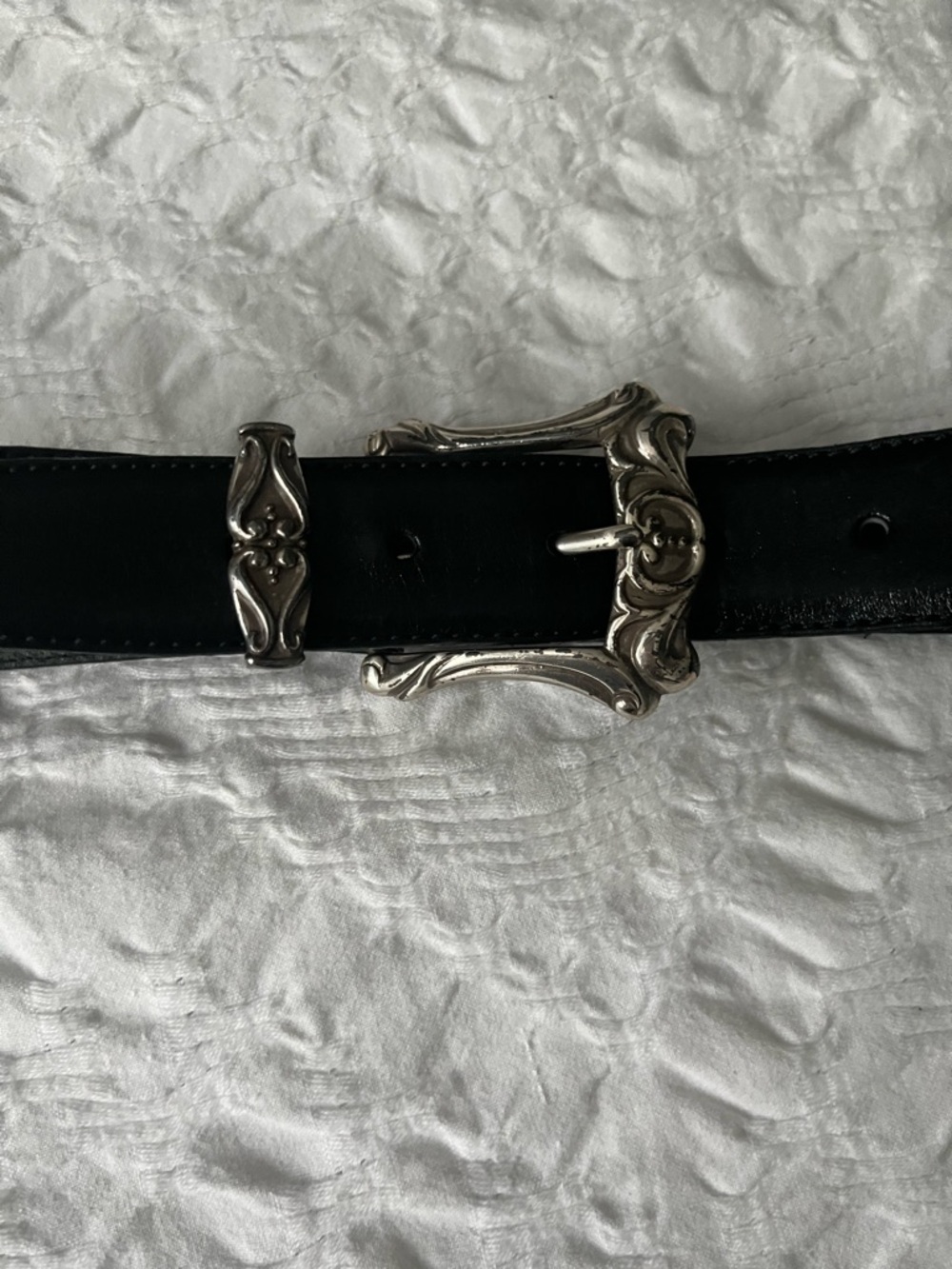 Fossil Black Leather Belt Strap with Embossed Logo silver hardware medium